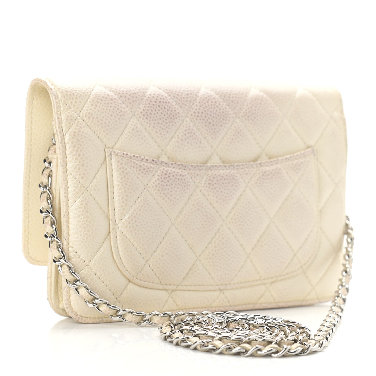 Iridescent Caviar Quilted Wallet On Chain WOC Ivory