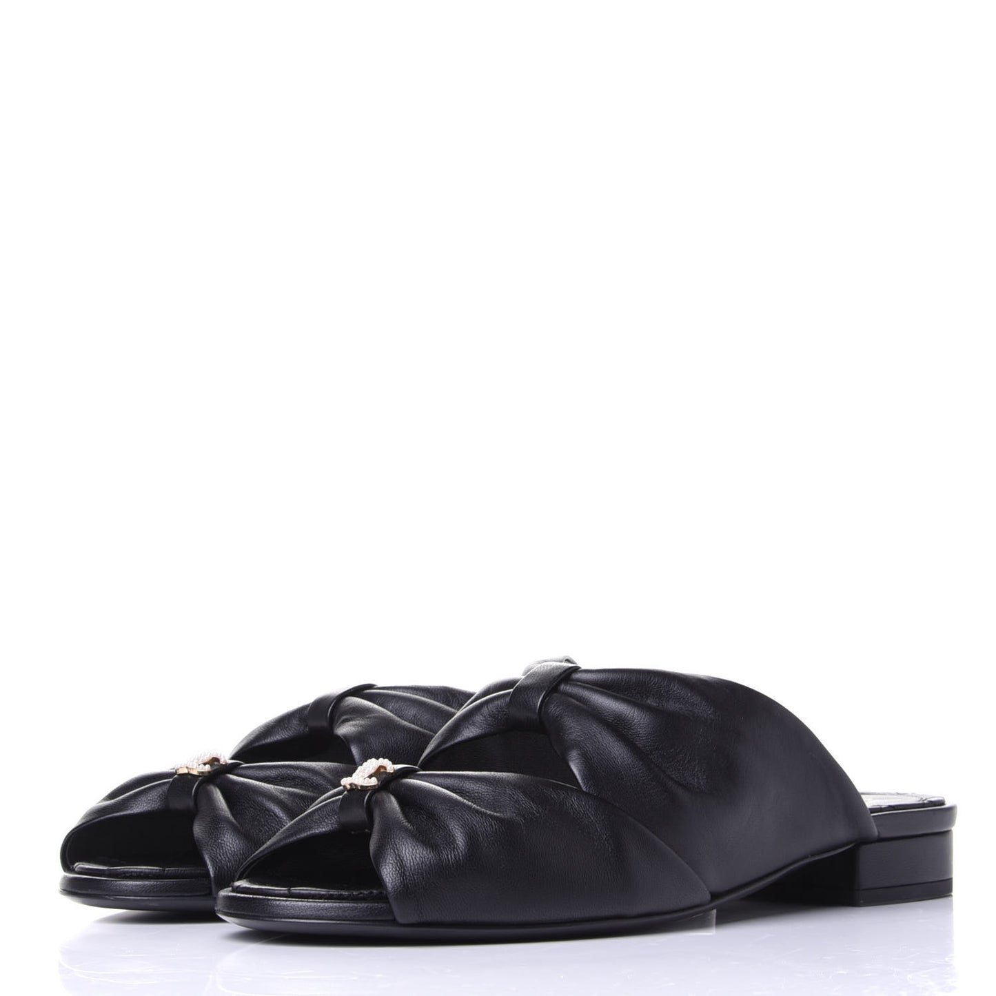 Lambskin Pearl Bow CC Flat Sandals 37.5 Black