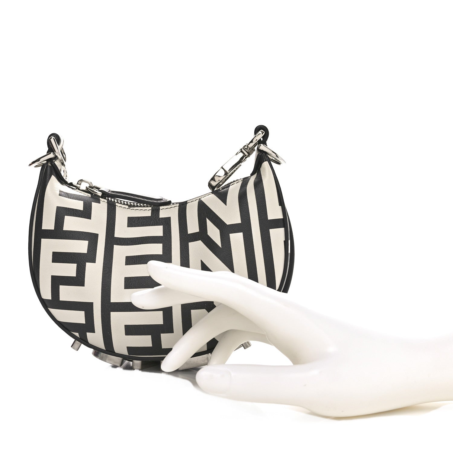 Fendi X MARC JACOBS Nappa Vitello King Logo Print Nano Fendigraphy Hobo Charm White Black 2 of 10