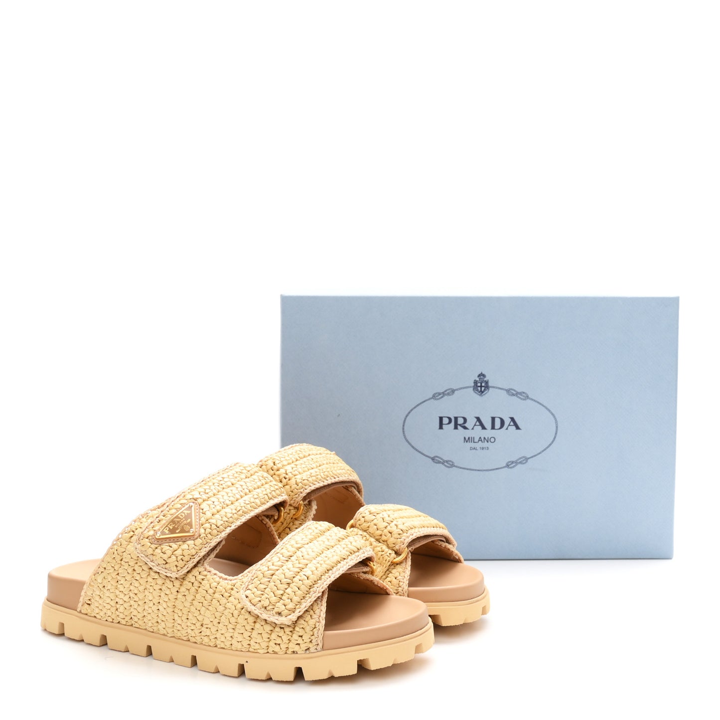 Raffia Calfskin Crochet Metal Triangle Logo Womens Double Buckle 20mm Slide Sandals 38 Naturale