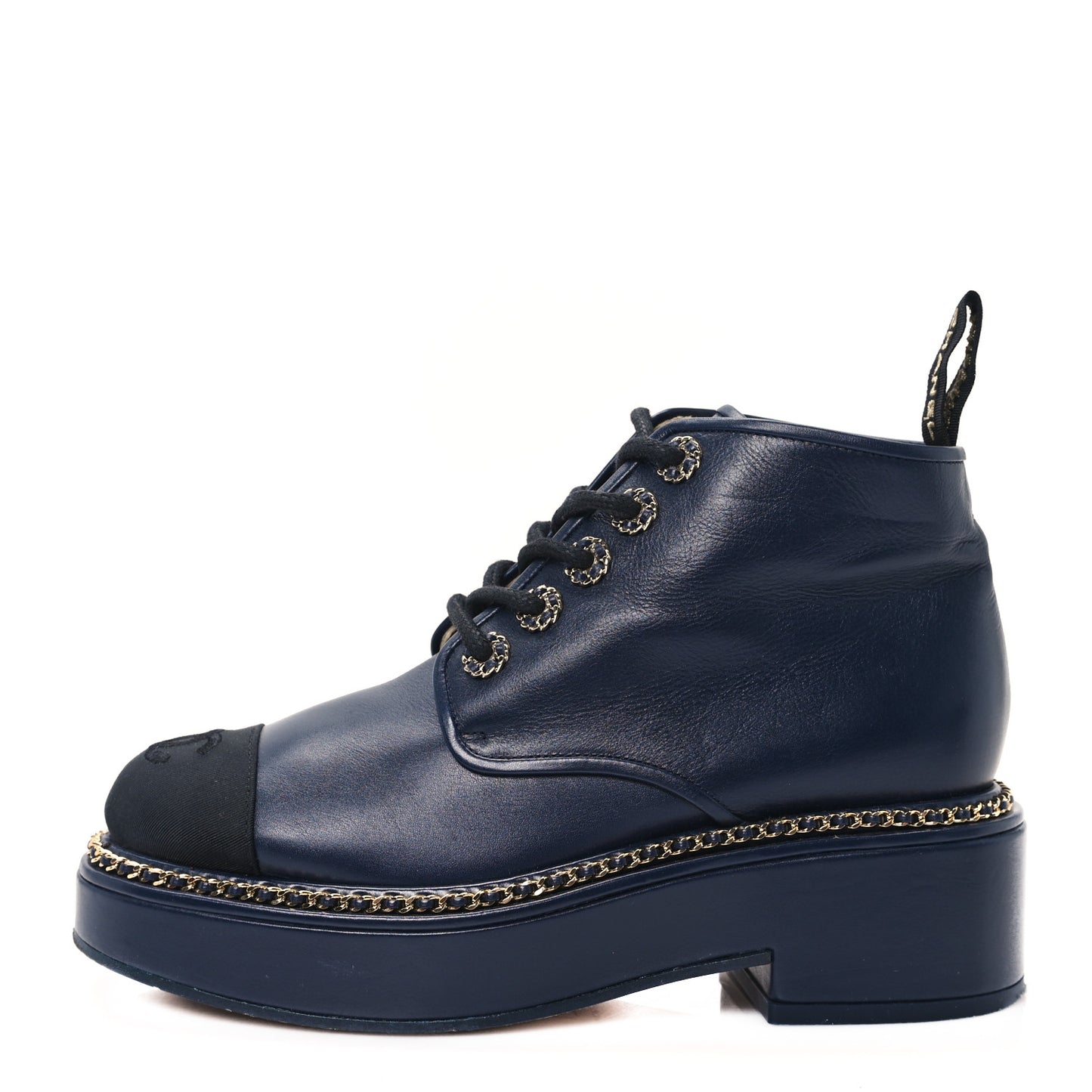 Calfskin Grosgrain Chain Lace Up CC Short Boots 36 Navy Black