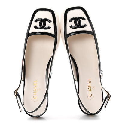 Chanel Lambskin Patent Calfskin CC Slingback Sandals 36.5 White Black 2 of 10