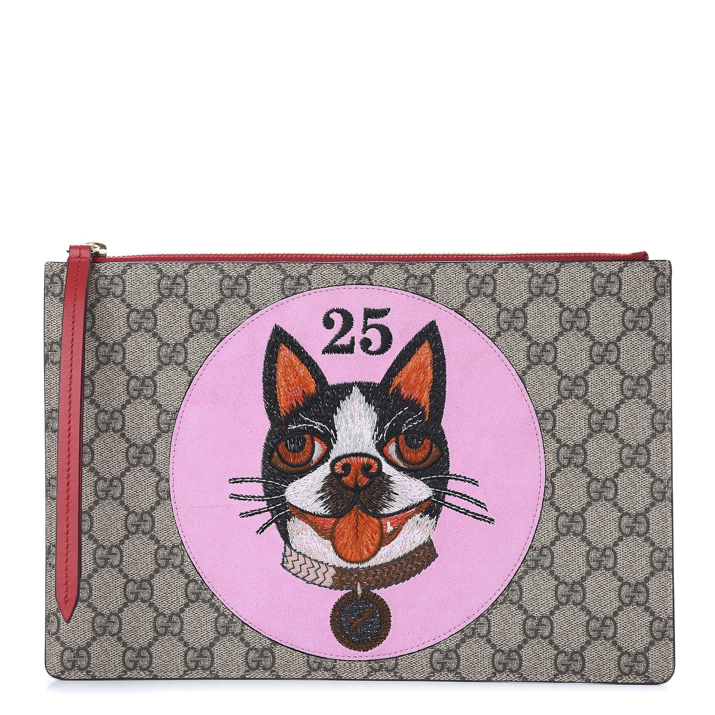 GG Supreme Monogram Bosco Patch Zip Pouch Beige Malva Hibiscus Red