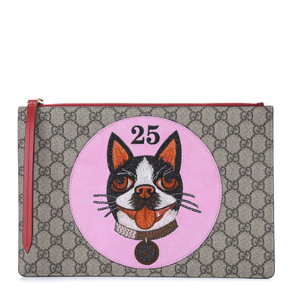 Gucci GG Supreme Monogram Bosco Patch Zip Pouch Beige Malva Hibiscus Red 1 of 9