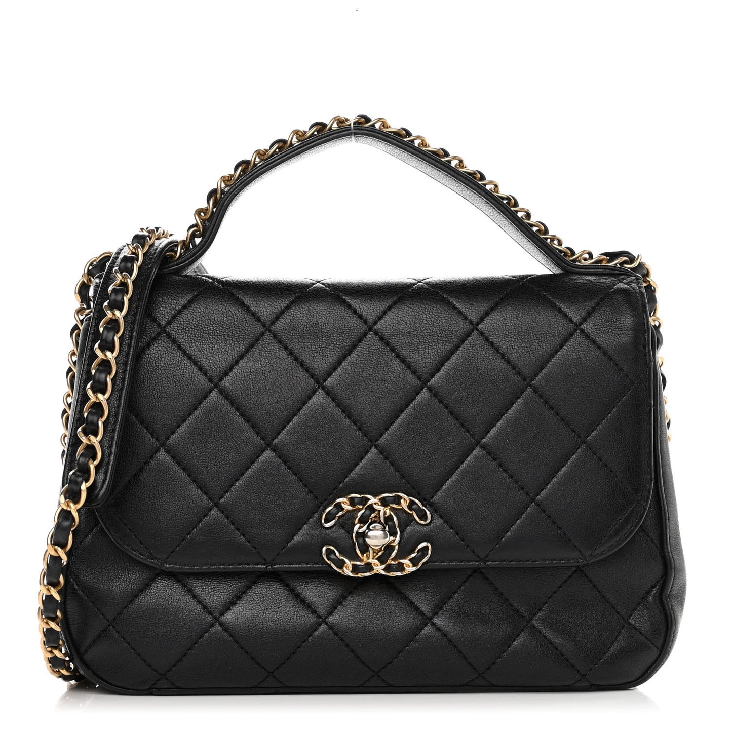 Lambskin Quilted Chain Infinity Top Handle Flap Black