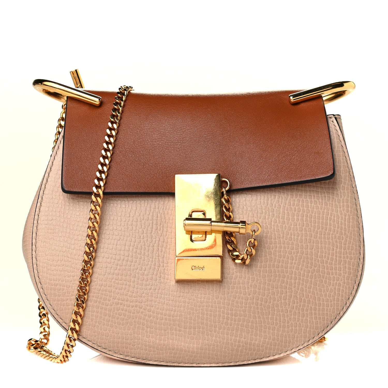 Chloe Grained Calfskin Lambskin Mini Bi-Color Drew Shoulder Bag Powder Beige Caramel 2 of 13