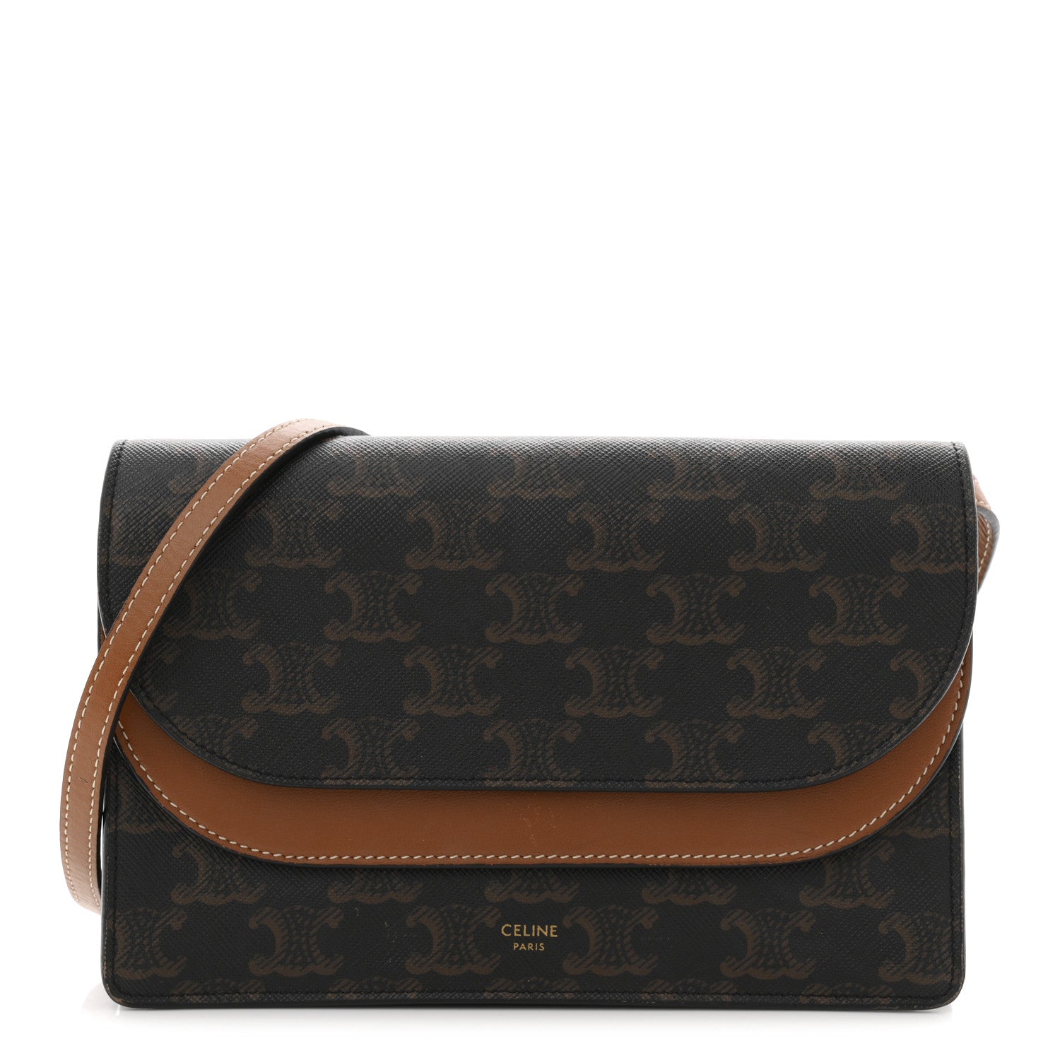 Celine Triomphe Canvas Lambskin Wallet On Strap Tan 1 of 11