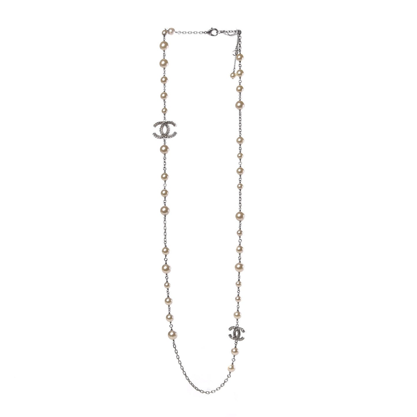 Pearl Baguette Crystal CC Long Necklace Silver