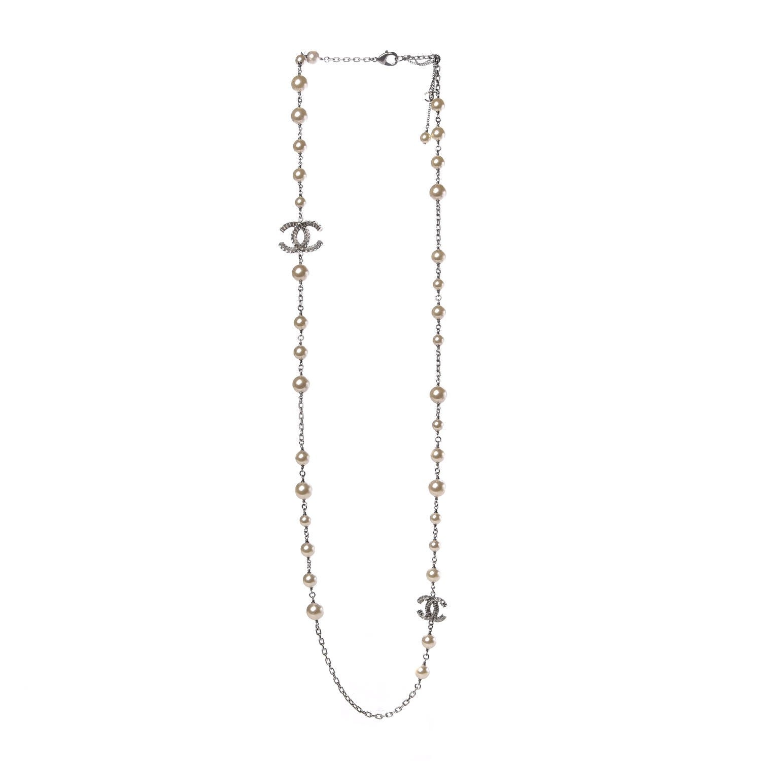Chanel Pearl Baguette Crystal CC Long Necklace Silver 3 of 6