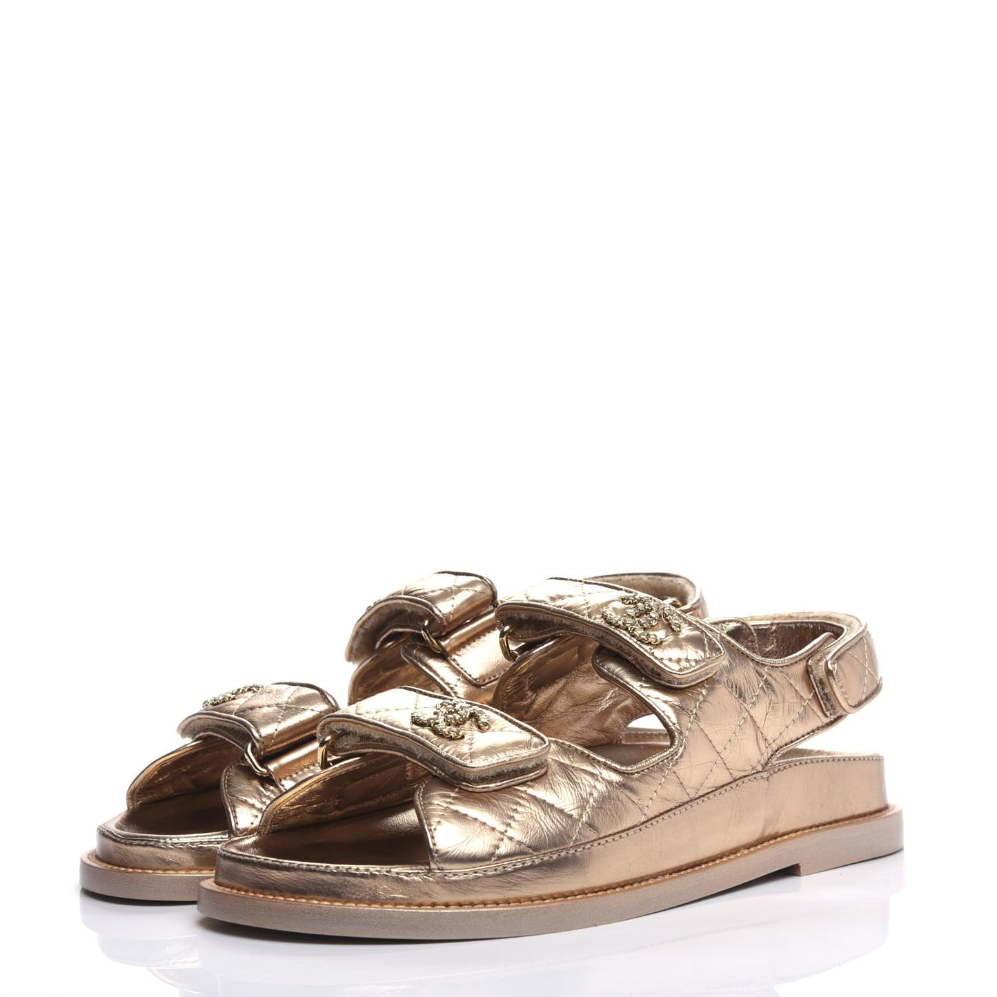 Iridescent Lambskin Quilted Velcro Dad Sandals 36 Light Bronze