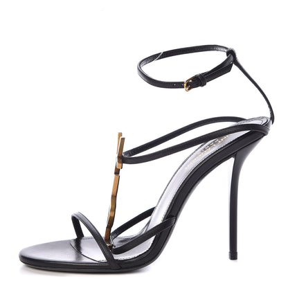 Saint Laurent Calfskin Cassandra Palm Logo 110 Ankle Strap Sandals 38.5 Black 1 of 8