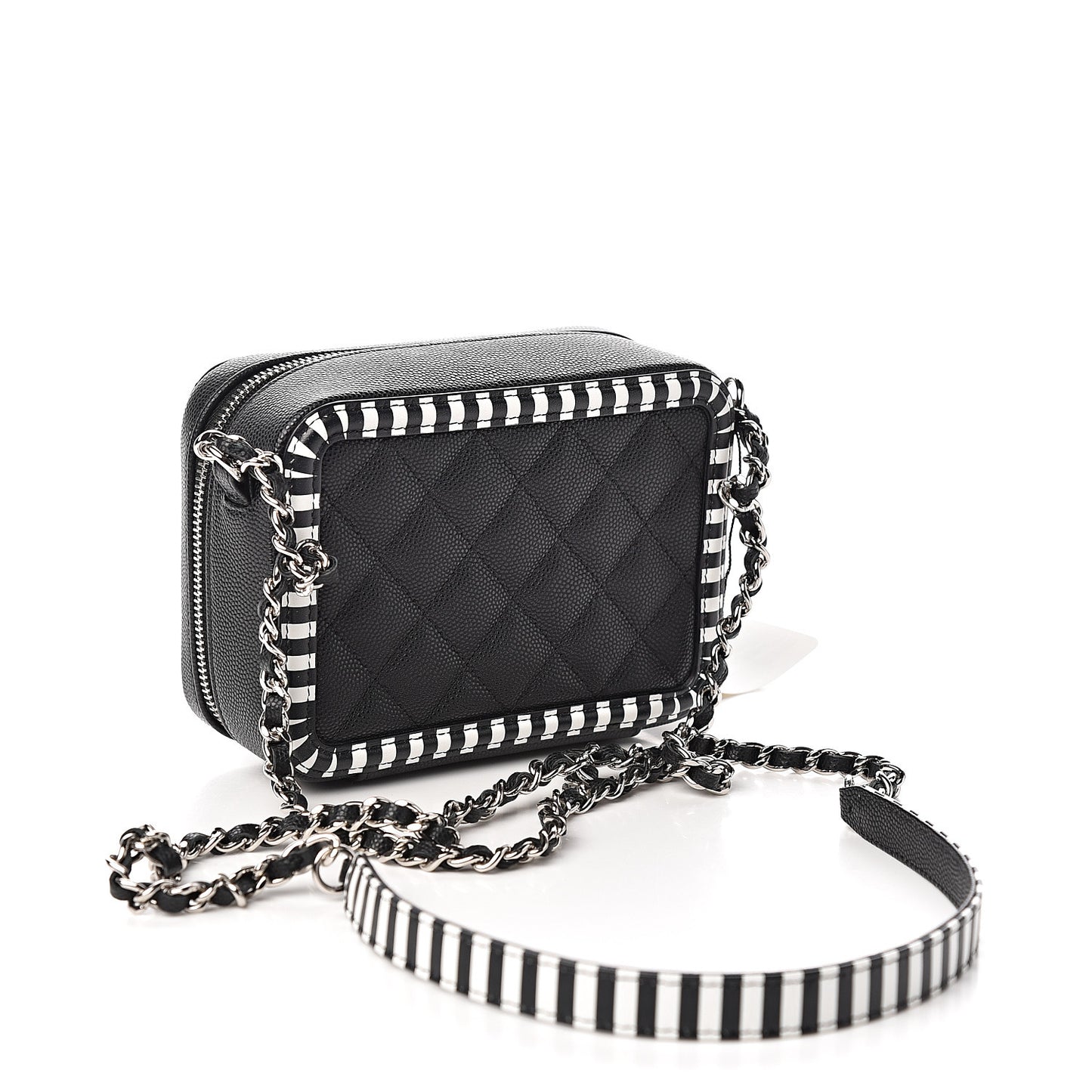 Caviar Quilted Striped Filigree Vanity Clutch With Chain Black White