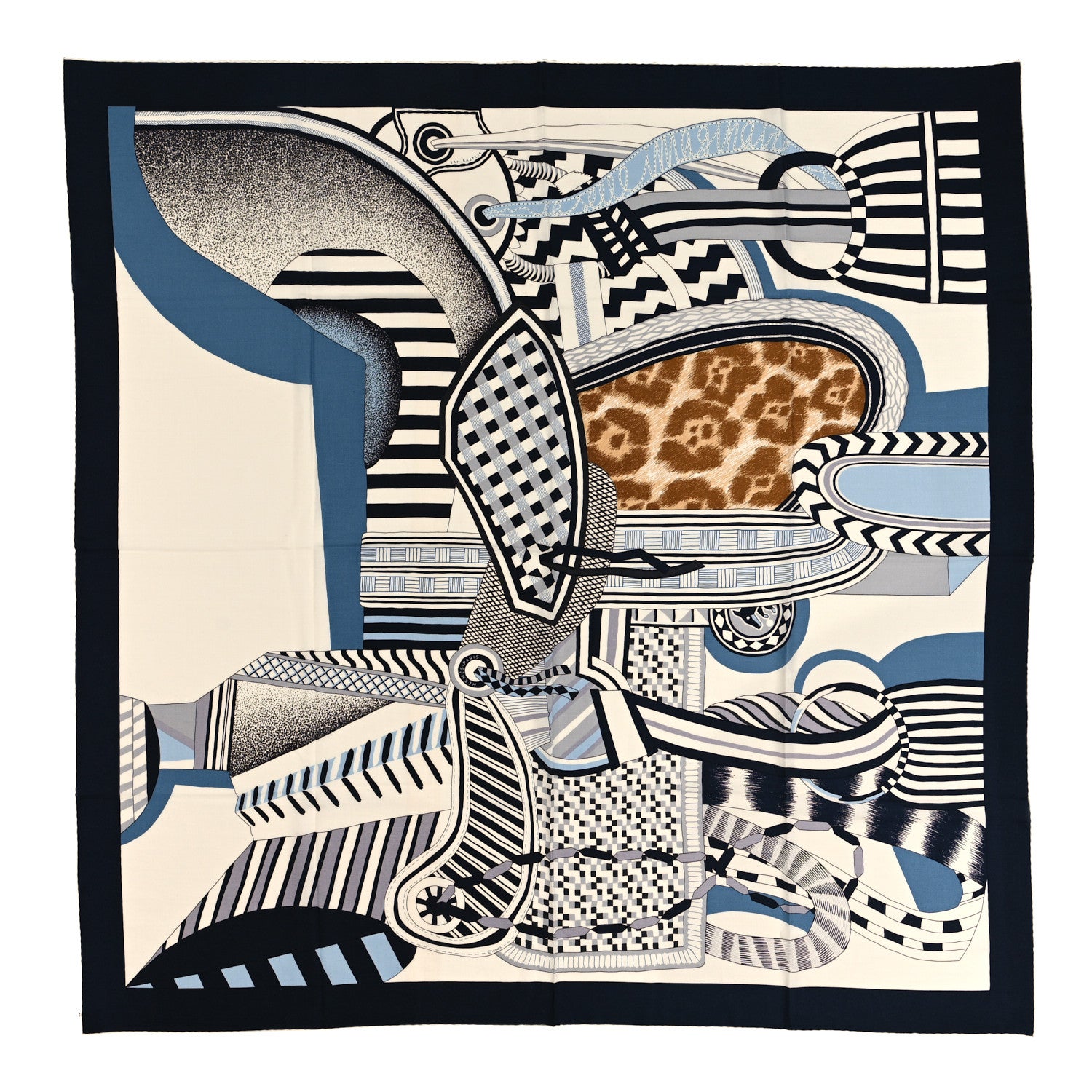 Hermes Cashmere Silk La Selle Imaginaire Shawl 140 Marine White 1 of 4