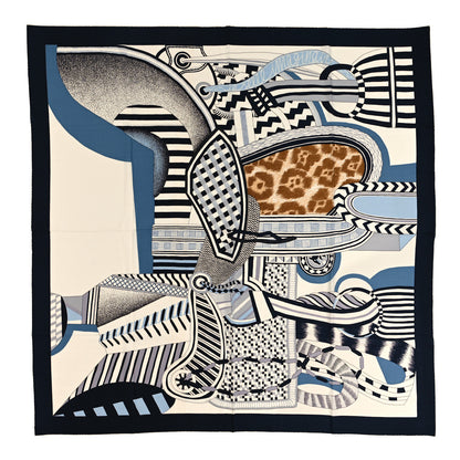 Hermes Cashmere Silk La Selle Imaginaire Shawl 140 Marine White 1 of 4