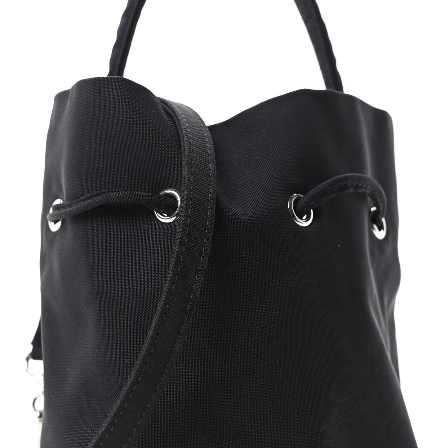 Recycled Sport Nylon Logo Embroidered Wheel Drawstring Bucket Bag Black White