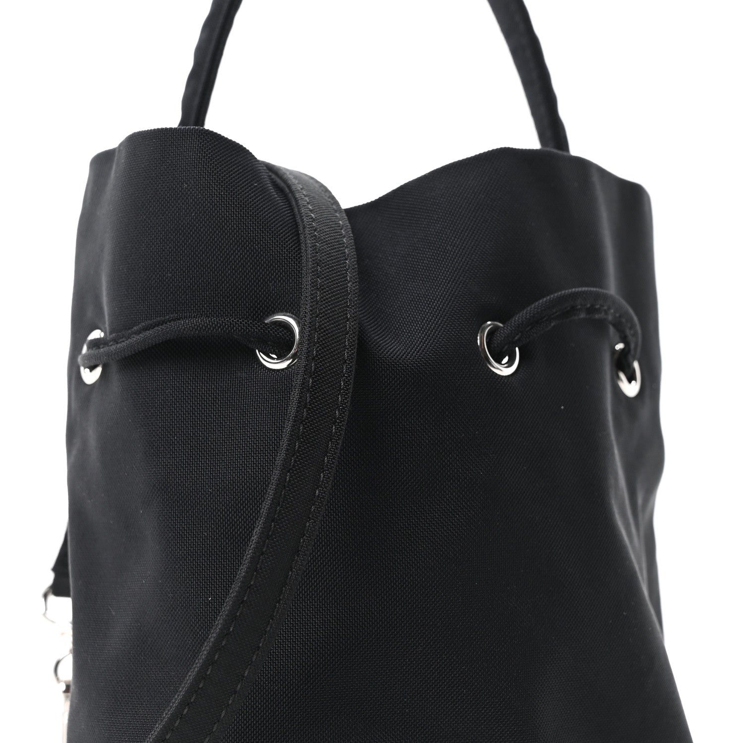 Balenciaga Recycled Sport Nylon Logo Embroidered Wheel Drawstring Bucket Bag Black White 8 of 10