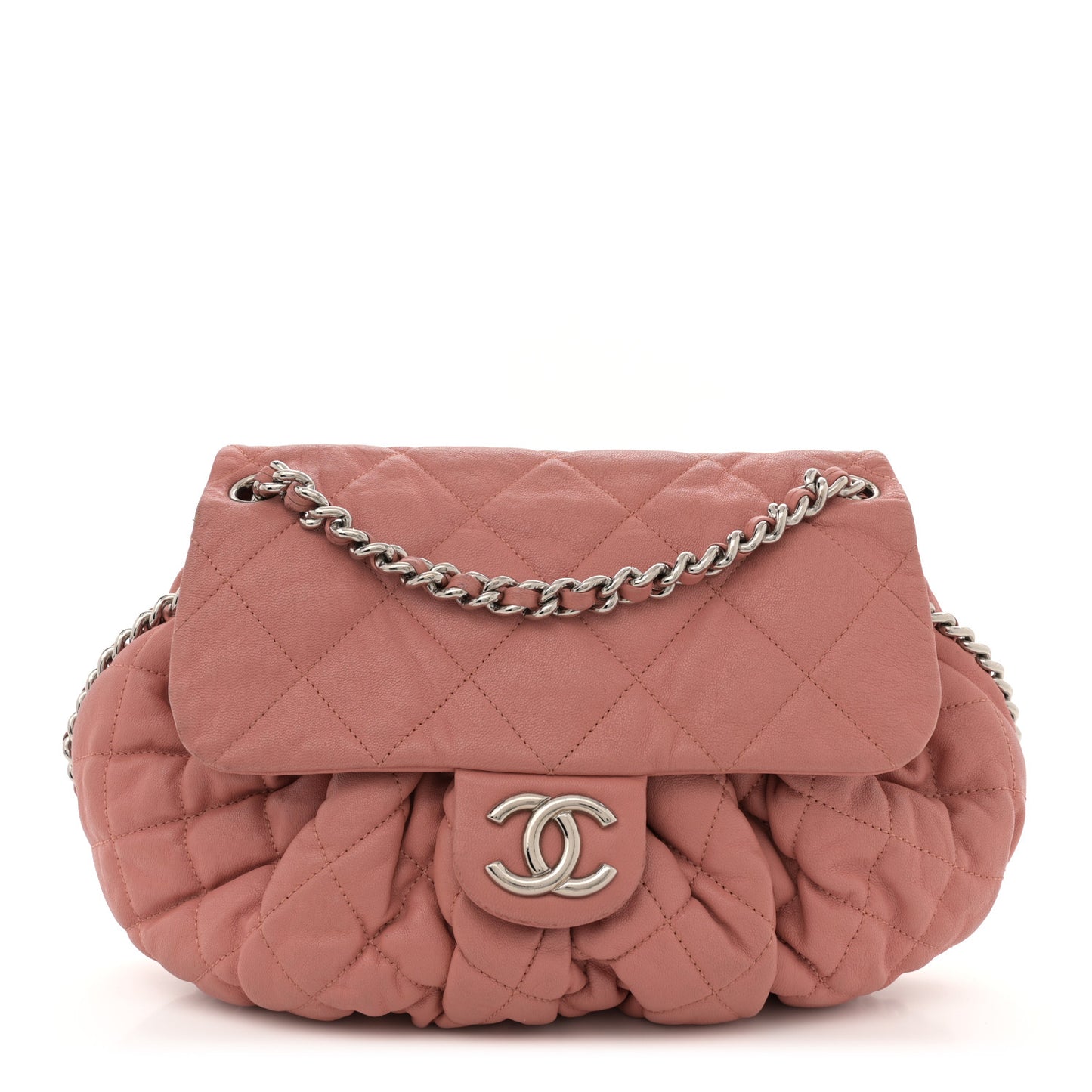 Washed Lambskin Quilted Medium Chain Around Messenger Salmon