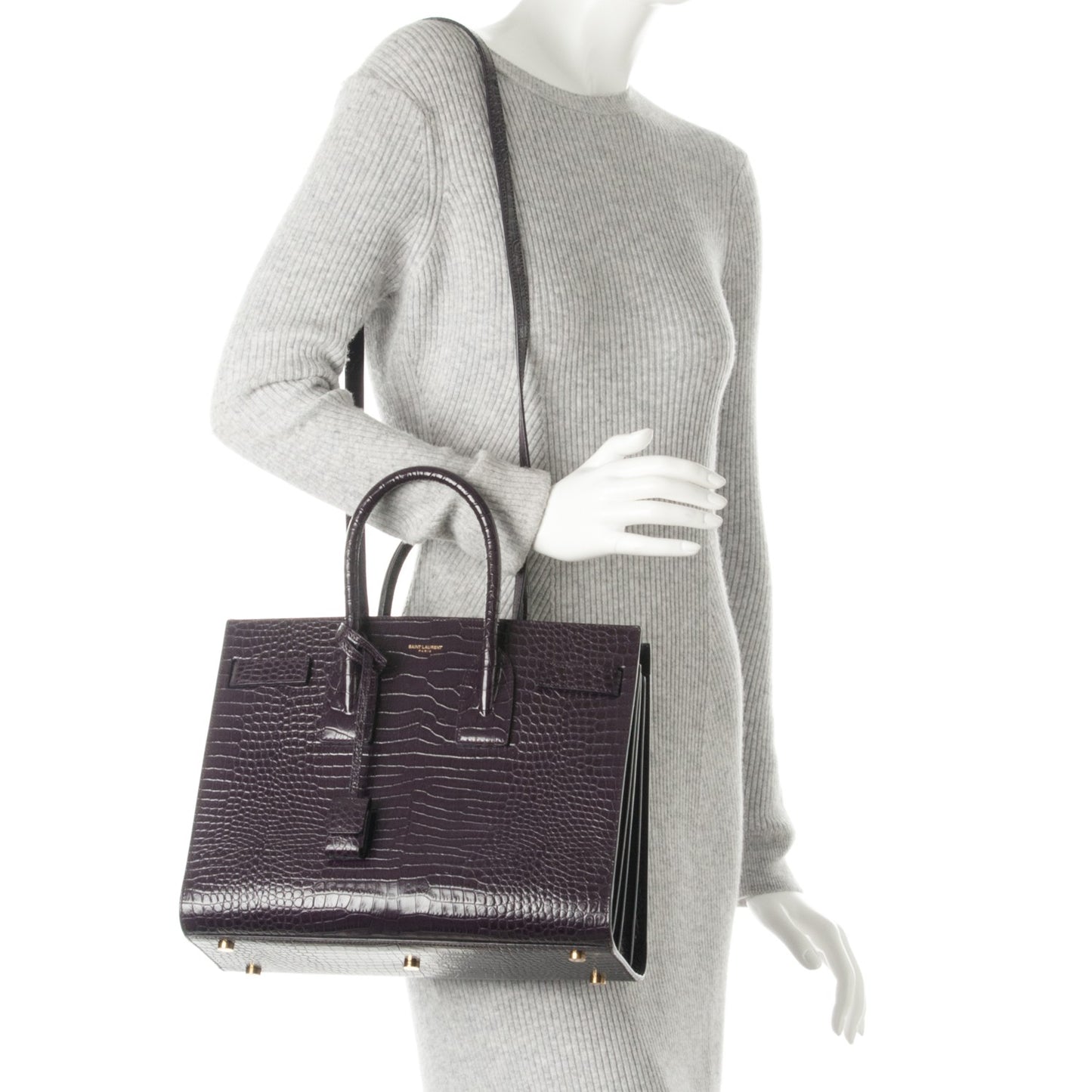 Calfskin Crocodile Embossed Small Sac De Jour Deep Purple