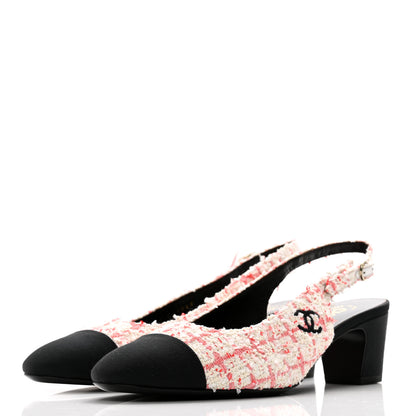 Chanel Glittered Tweed Grosgrain Cap Toe Slingback Pumps 38.5 Ecru Pink Red Black 3 of 11