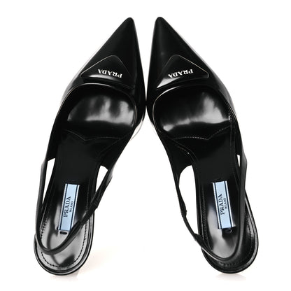 Prada Spazzolato Triangle Logo Pointed Toe 75mm Slingback Pumps 36.5 Black 2 of 10