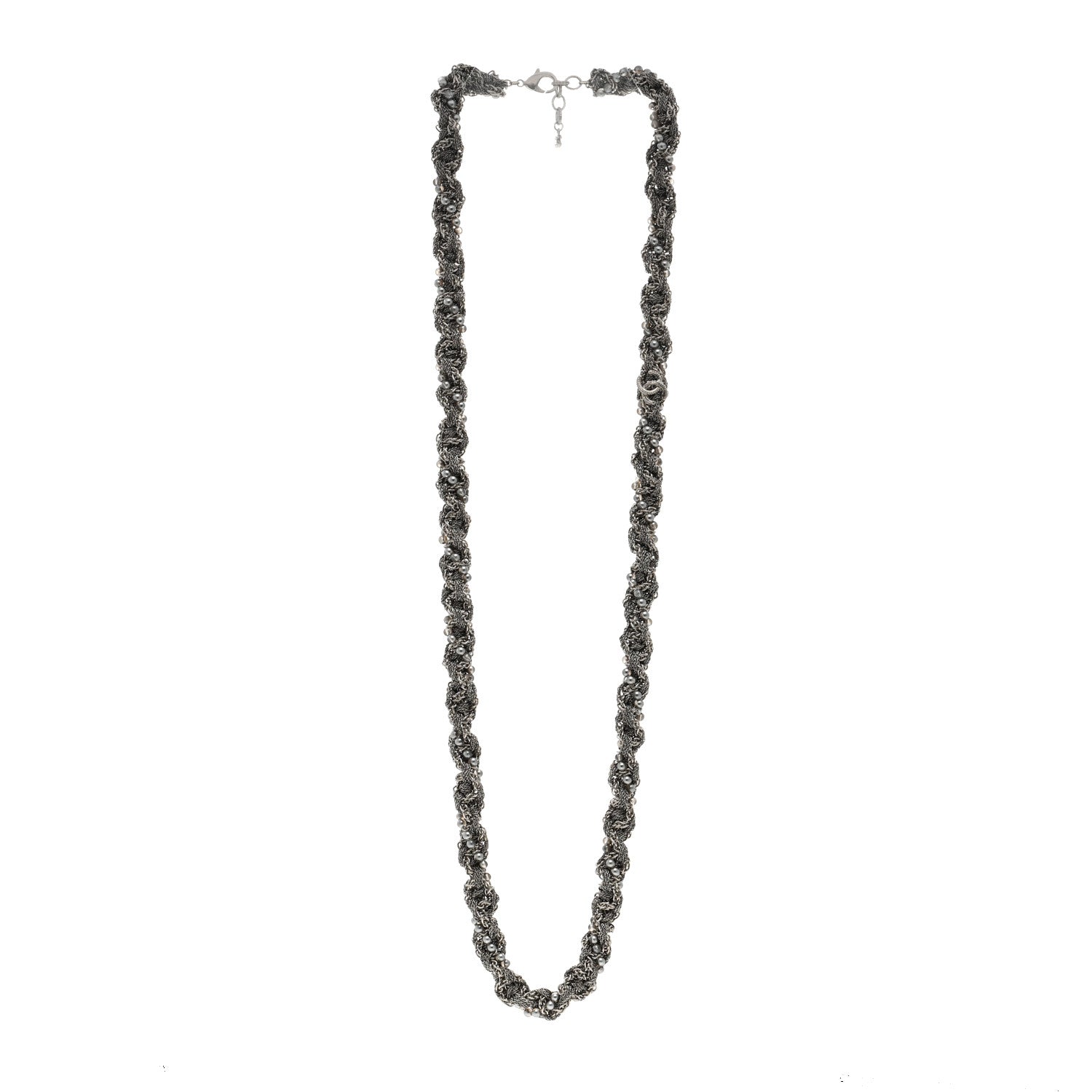 Chanel Multi Chain Braided Pearl Long Necklace Silver 3 of 5