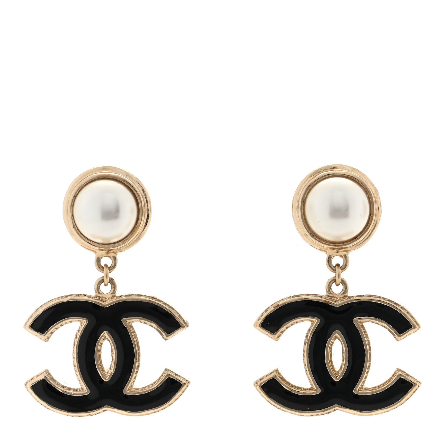 Chanel Pearl Enamel CC Drop Earrings Black 1 of 8
