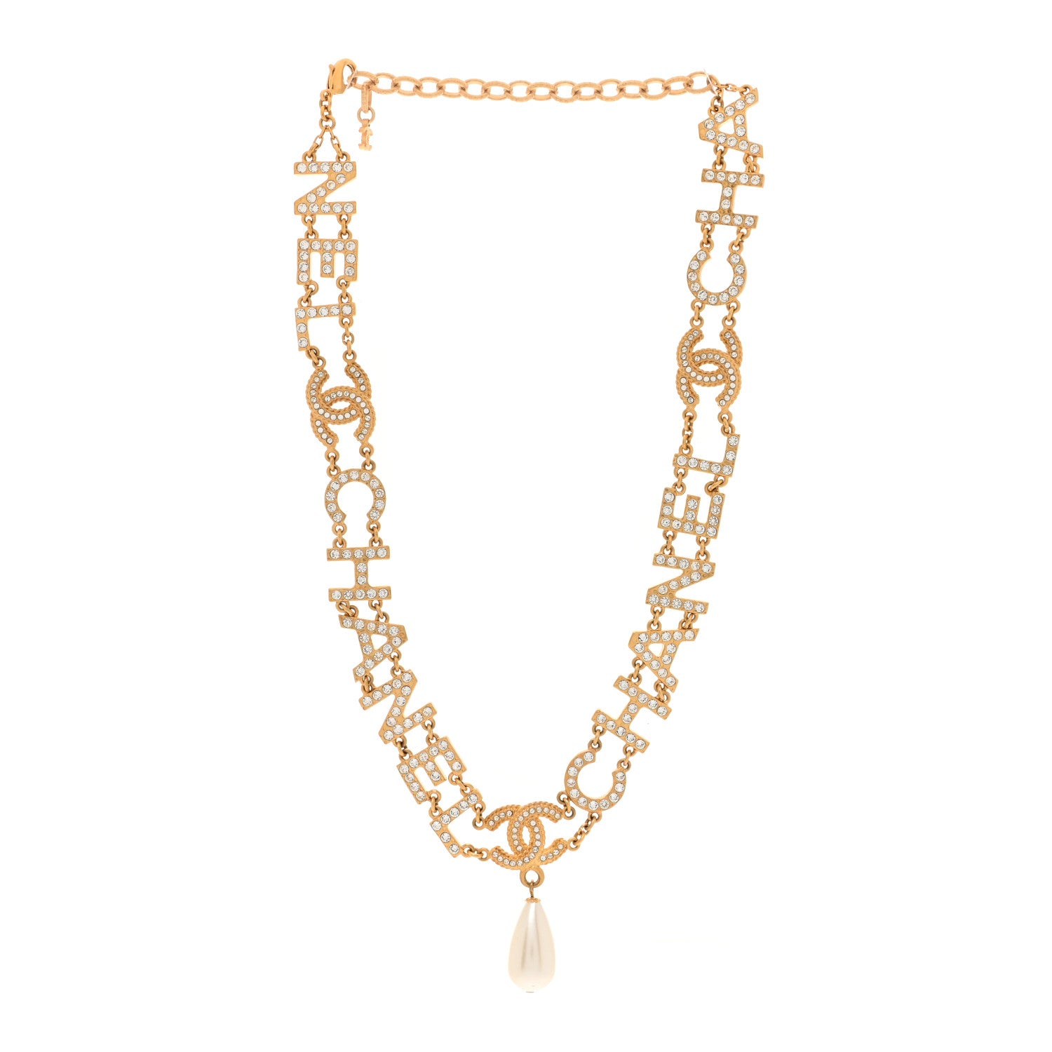 Chanel Metal Crystal Pearl Logo CC Necklace Gold 3 of 5