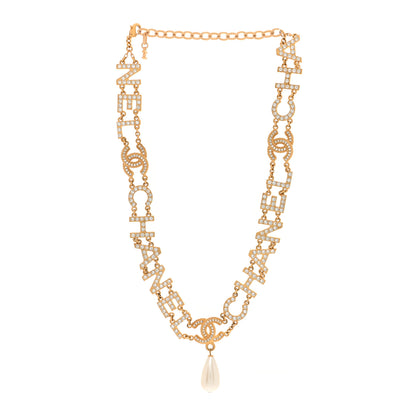 Chanel Metal Crystal Pearl Logo CC Necklace Gold 3 of 5