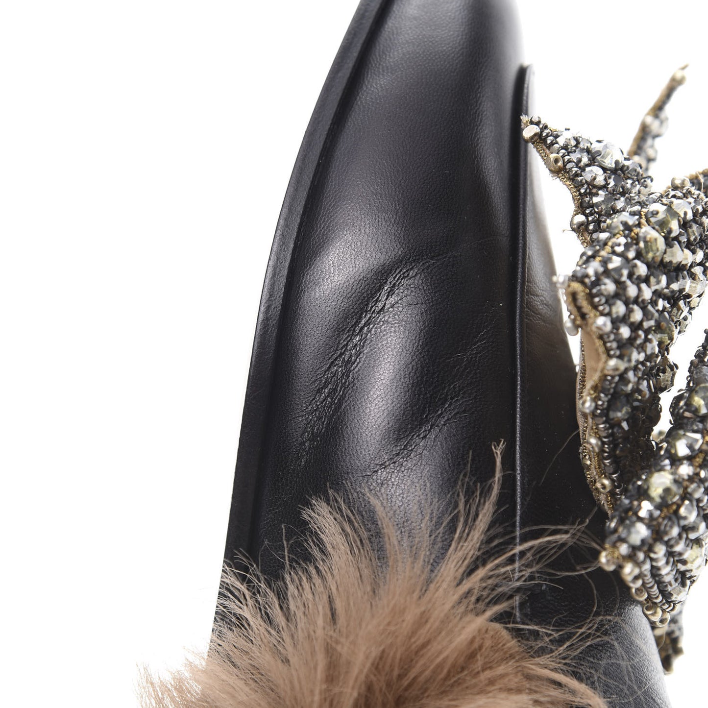 Malaga Kid Fur Crystal Bow Embroidered Womens Princetown Slippers 35.5 Black