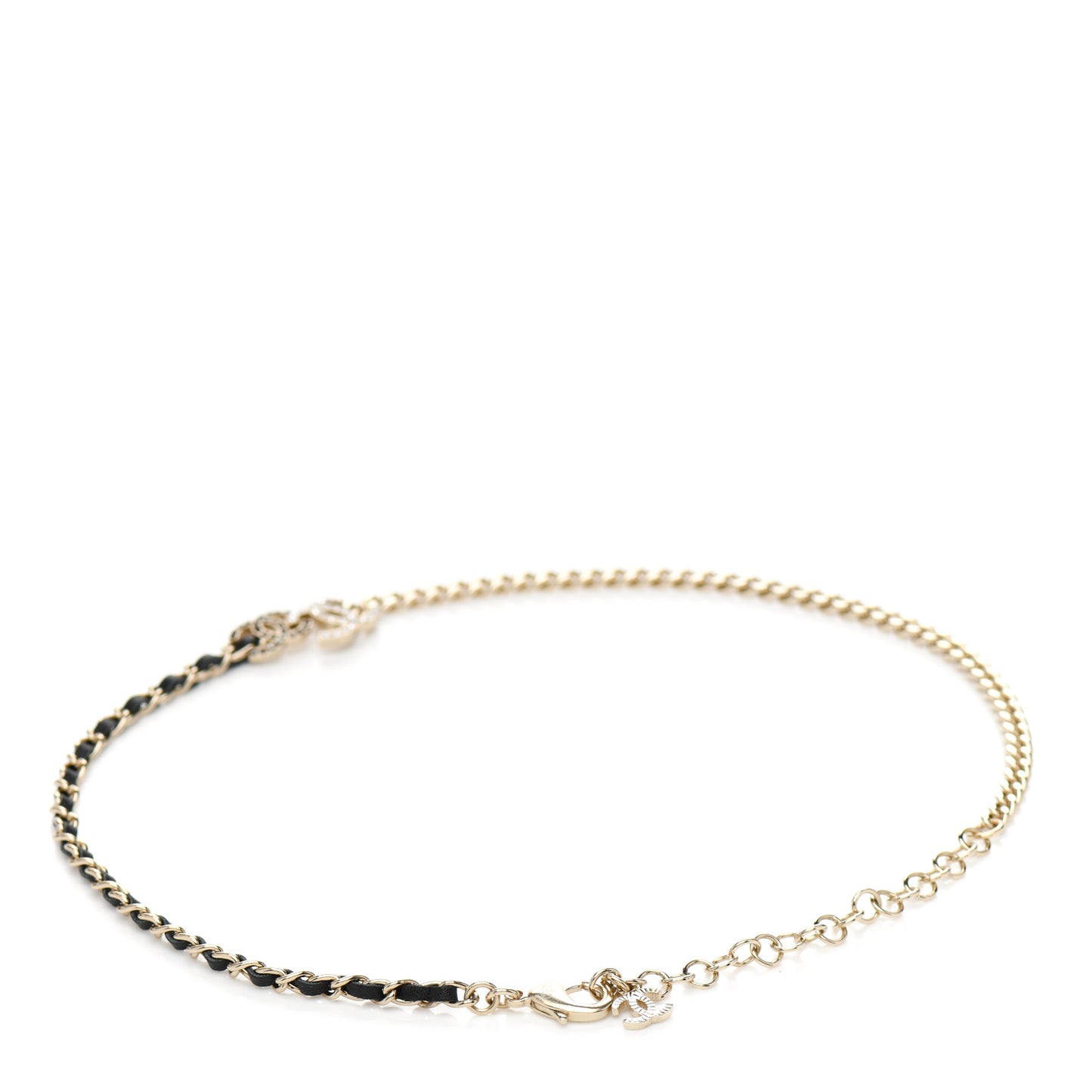 Metal Calfskin Crystal Double CC Short Necklace Black Gold