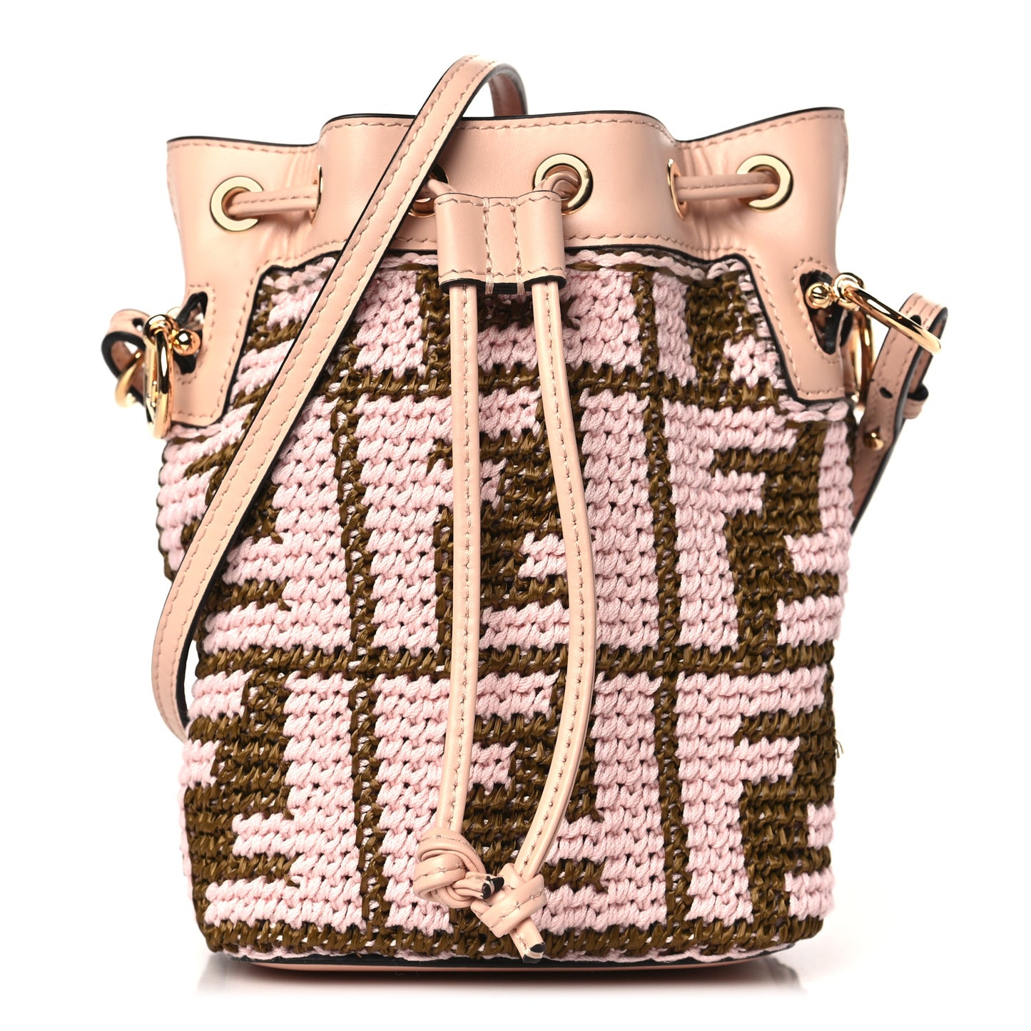 Raffia Vitello King F is Fendi FF Crochet Mini Mon Tresor Bucket Bag Natural Light Rose