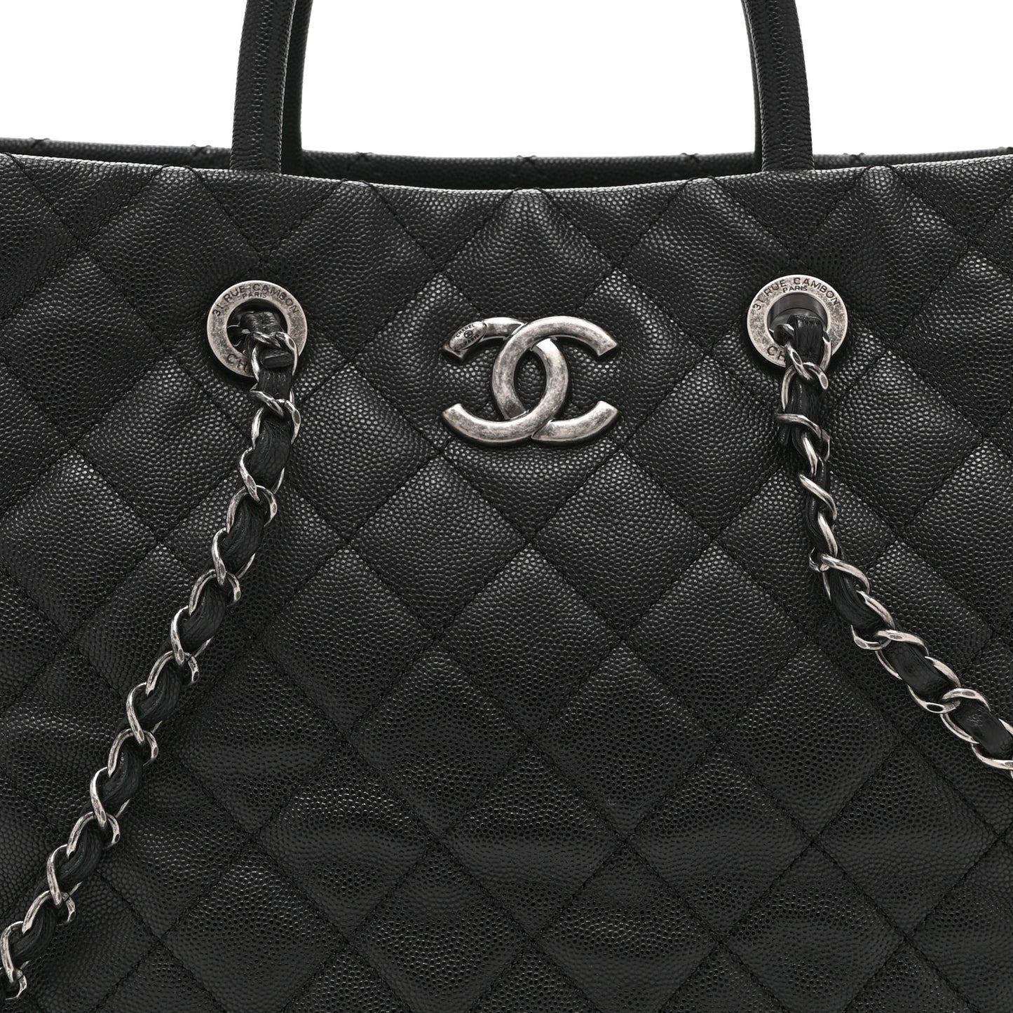 Caviar Quilted Large Coco Handle Shopping Tote Black