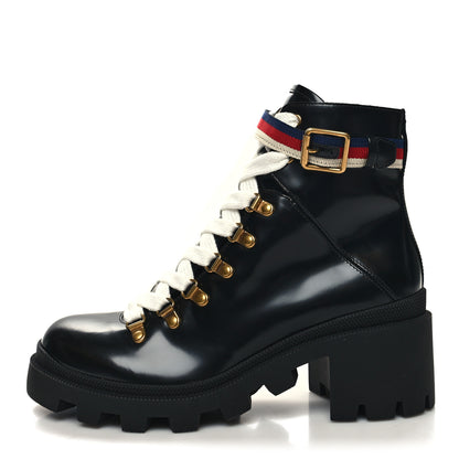 Gucci Calfskin Sylvie Web Womens Lace Up Combat Boots 39.5 Black 1 of 9