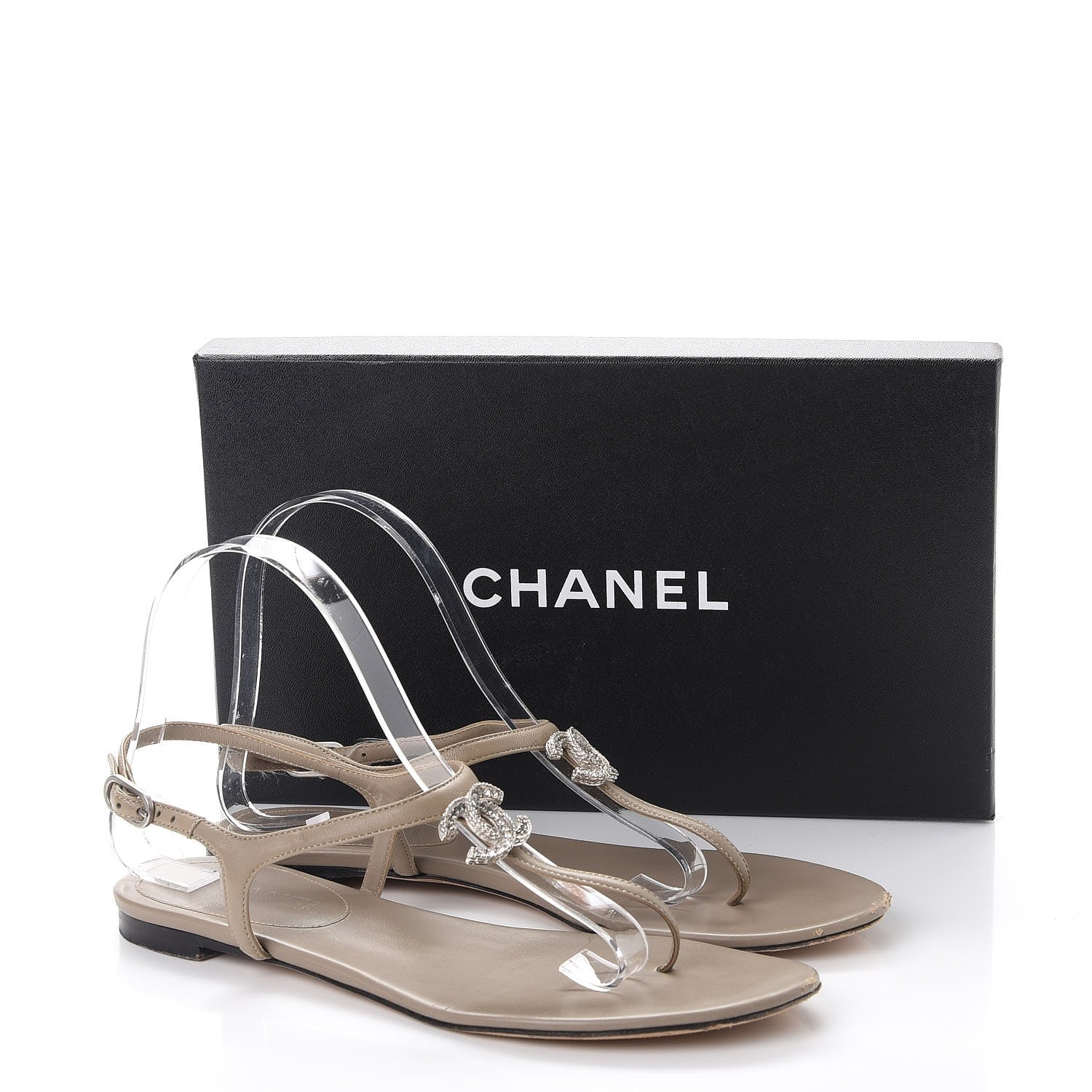 Chanel Lambskin Crystal CC Thong Sandals 38.5 Beige 12 of 12