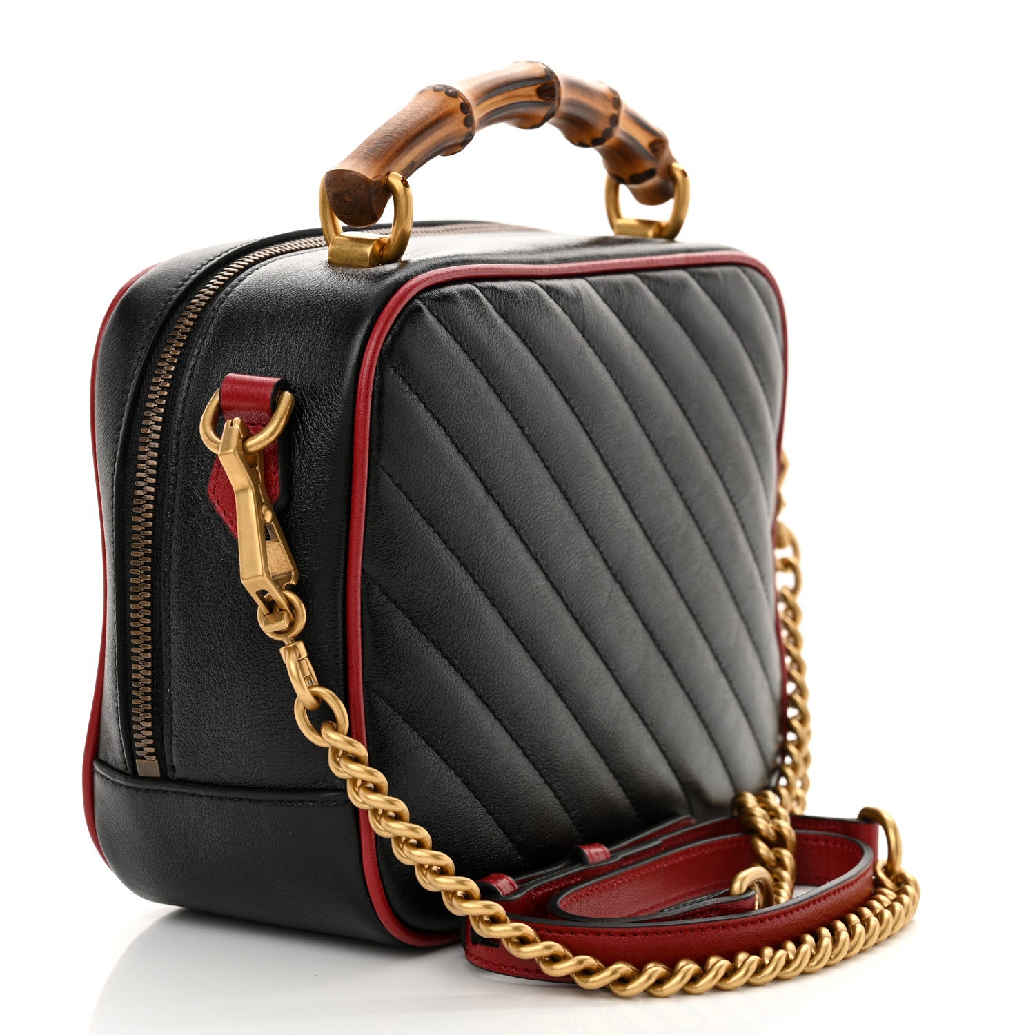 Gucci Vintage Effect Calfskin Matelasse Diagonal Small Torchon GG Marmont Bamboo Top Handle Shoulder Bag Black Romantic Cherry 3 of 11