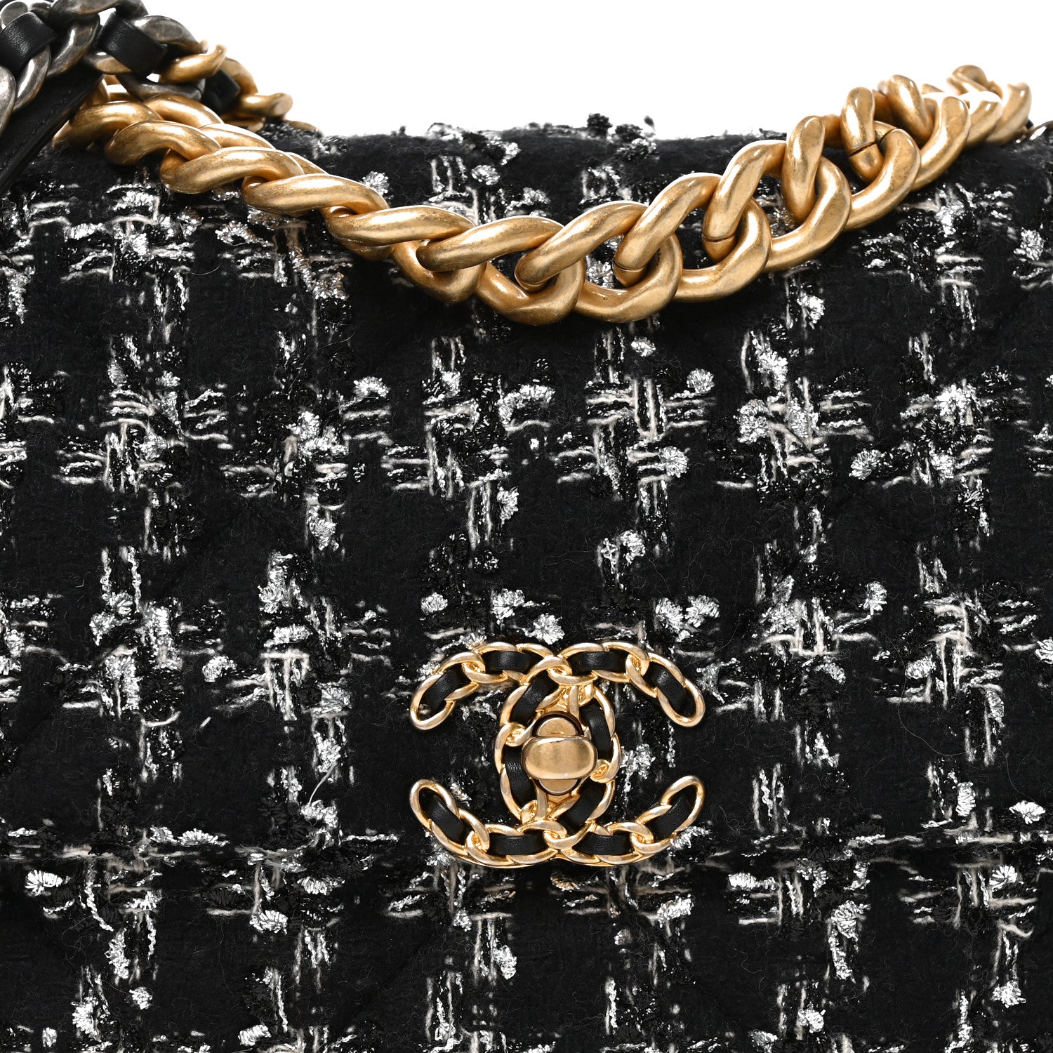 Chanel Tweed Quilted Large Chanel 19 Flap Black Silver Ecru 8 of 11
