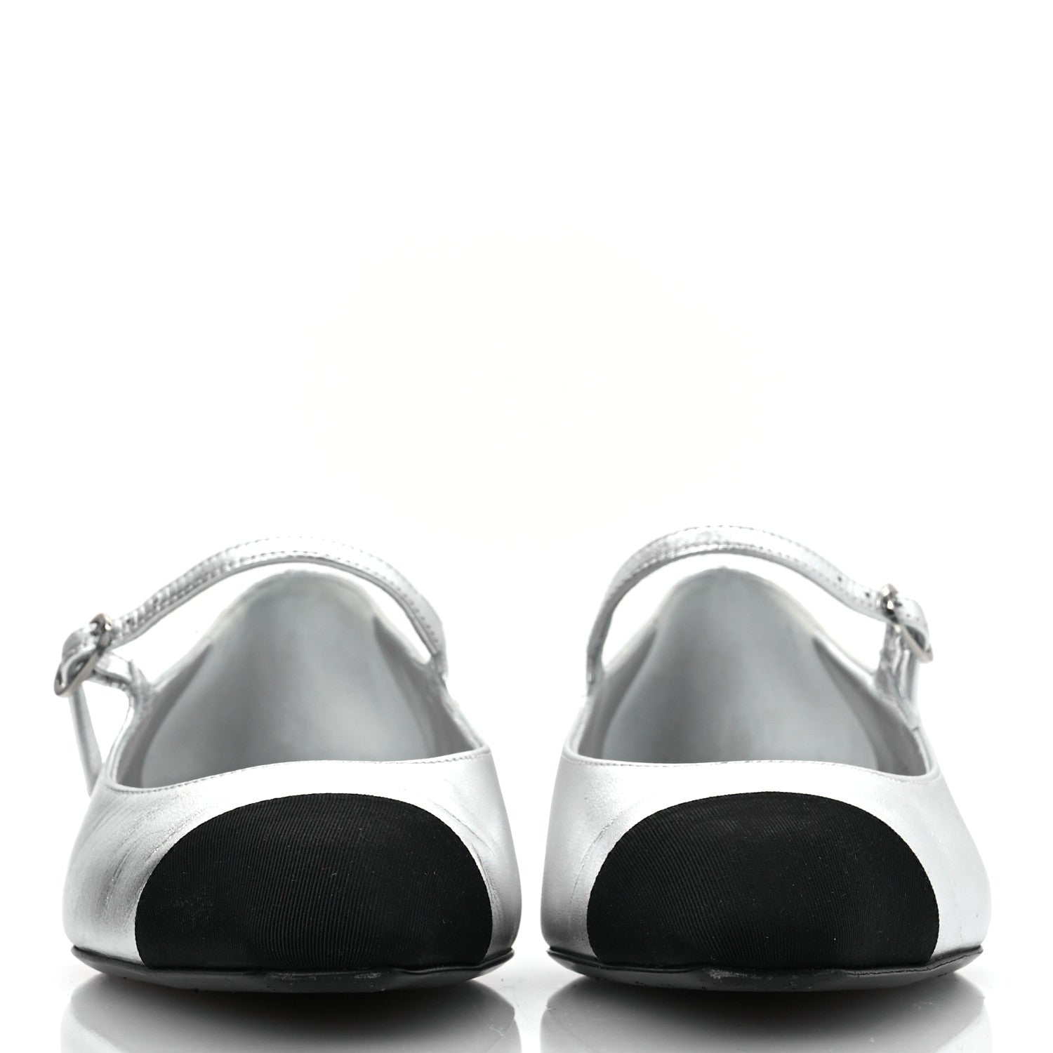 Chanel Laminated Calfskin Grosgrain Mary Janes Flats 36.5 Silver Black 3 of 11