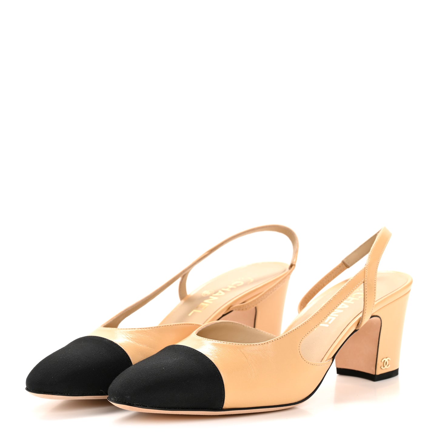Goatskin Grosgrain Cap Toe CC Slingback Pumps 41 Beige Black