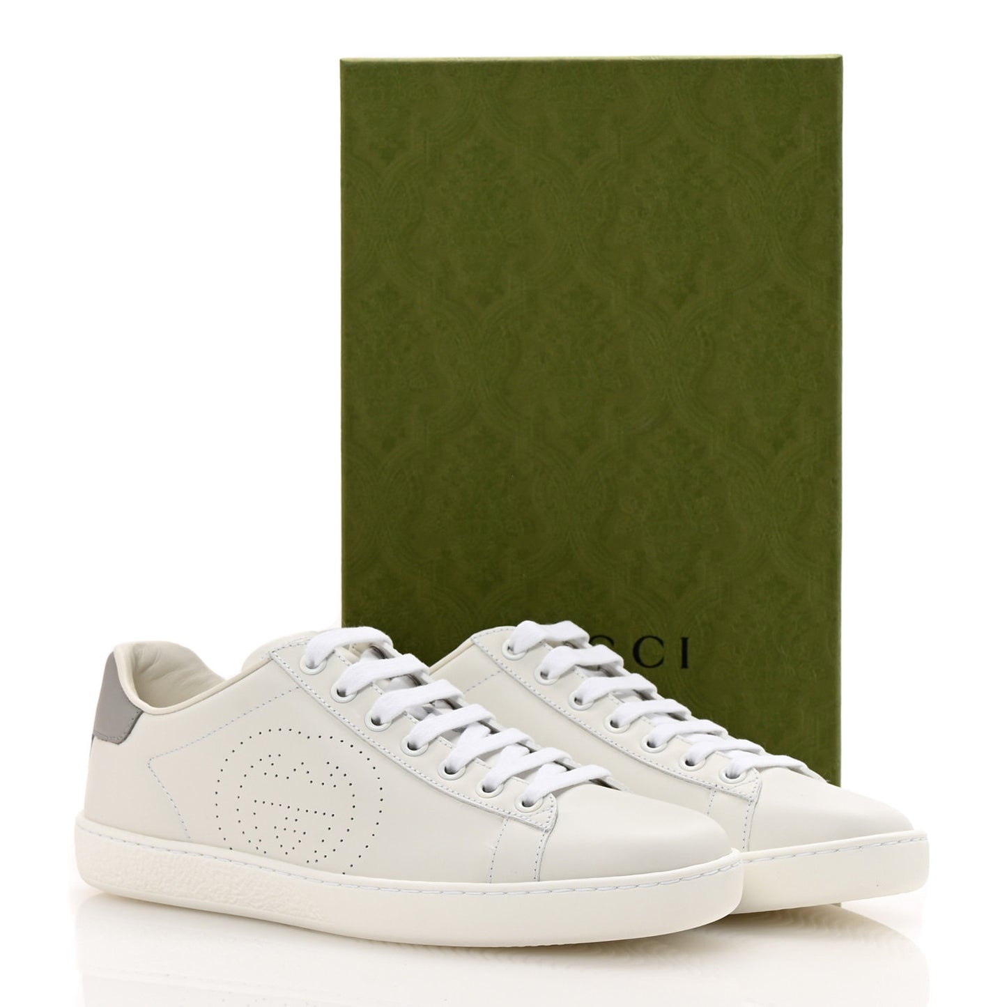 Calfskin Interlocking G Perforated Womens Ace Sneakers 37.5 White Grey Sky