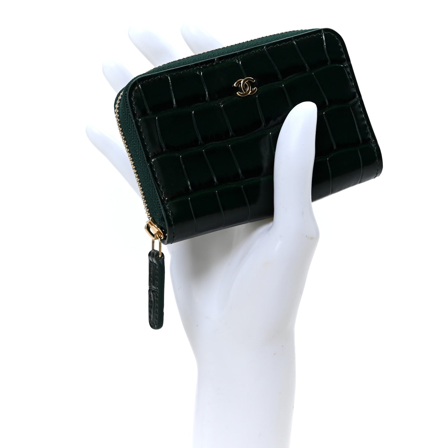 Calfskin Crocodile Embossed Crococo Zip Coin Purse Emerald