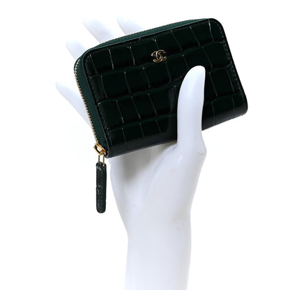 Chanel Calfskin Crocodile Embossed Crococo Zip Coin Purse Emerald 2 of 9