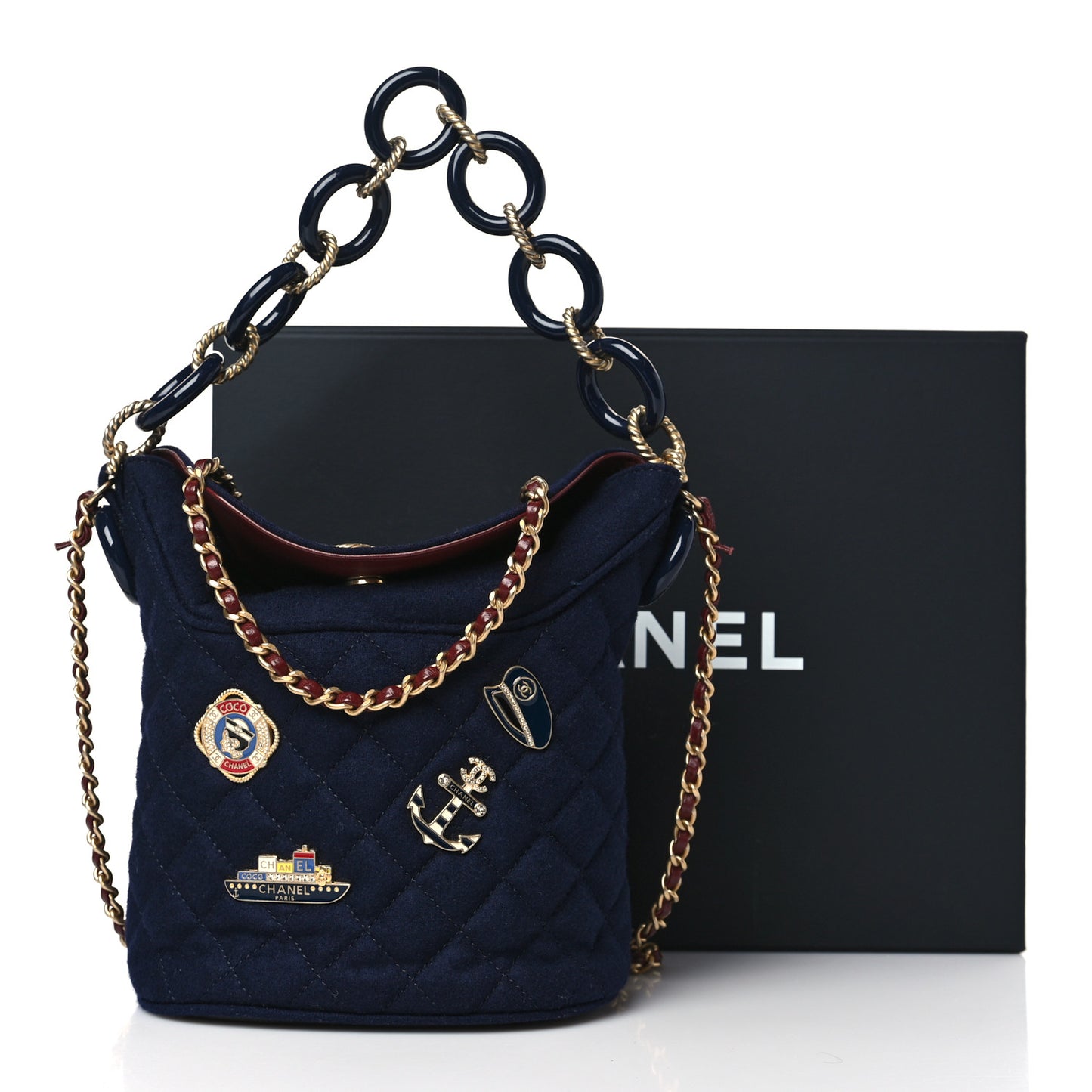 Wool Lambskin Quilted Paris Hamburg Charms Bucket Bag Dark Navy