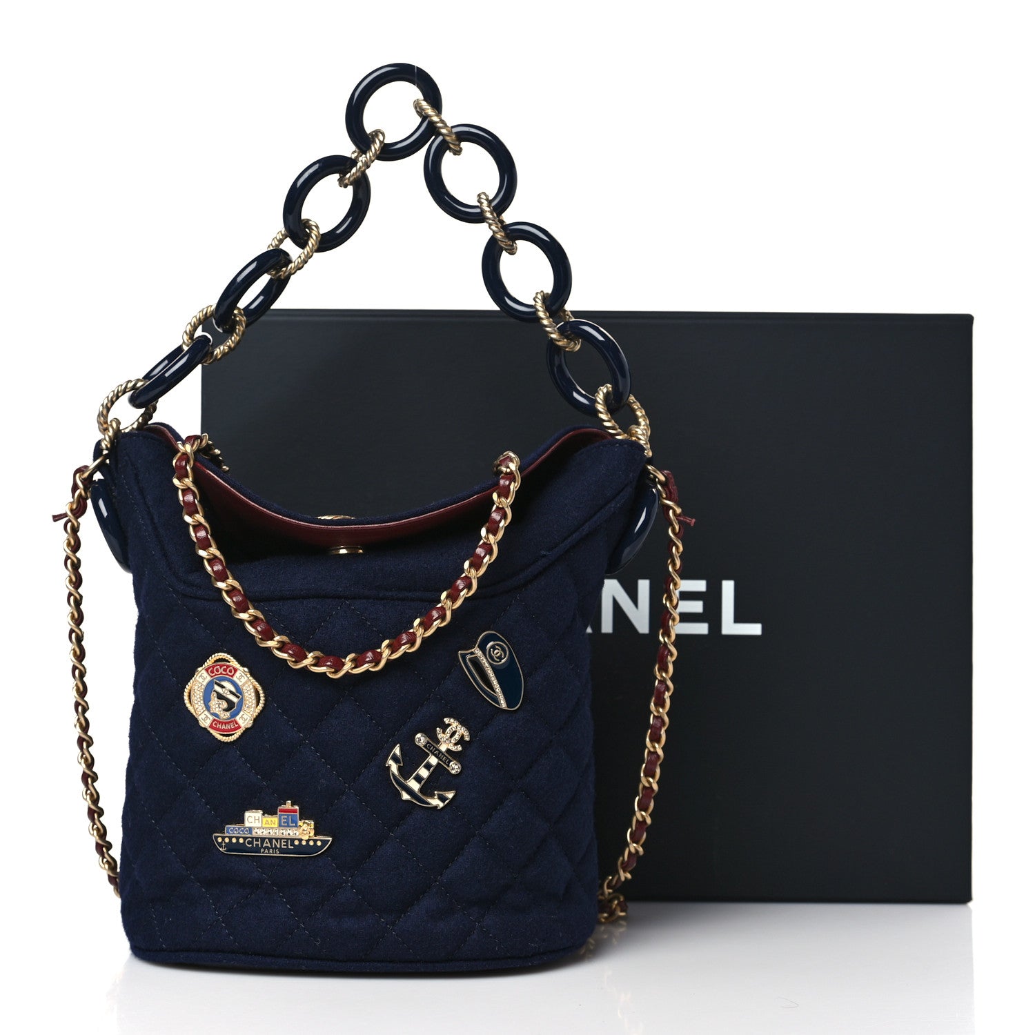 Chanel Wool Lambskin Quilted Paris Hamburg Charms Bucket Bag Dark Navy 10 of 10