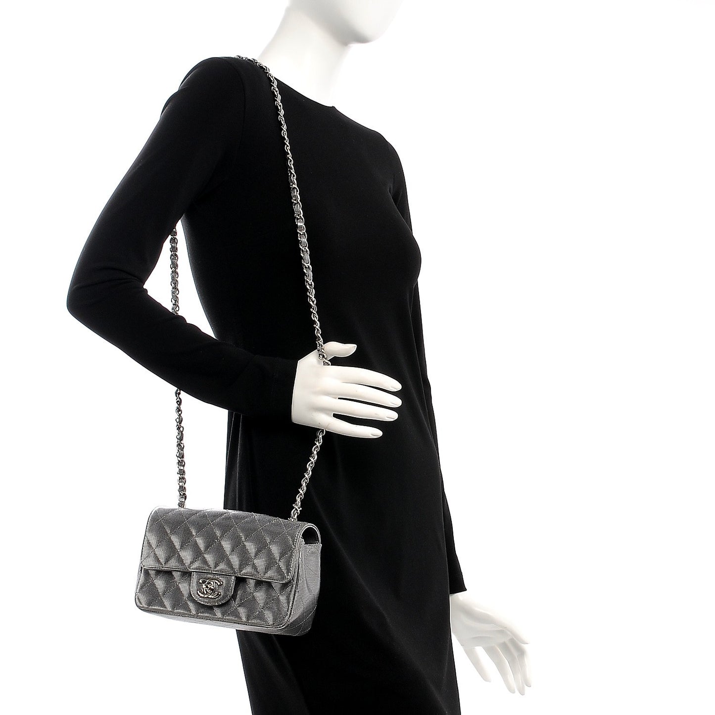 Metallic Calfskin Quilted Pixel Effect Mini Rectangular Flap Silver