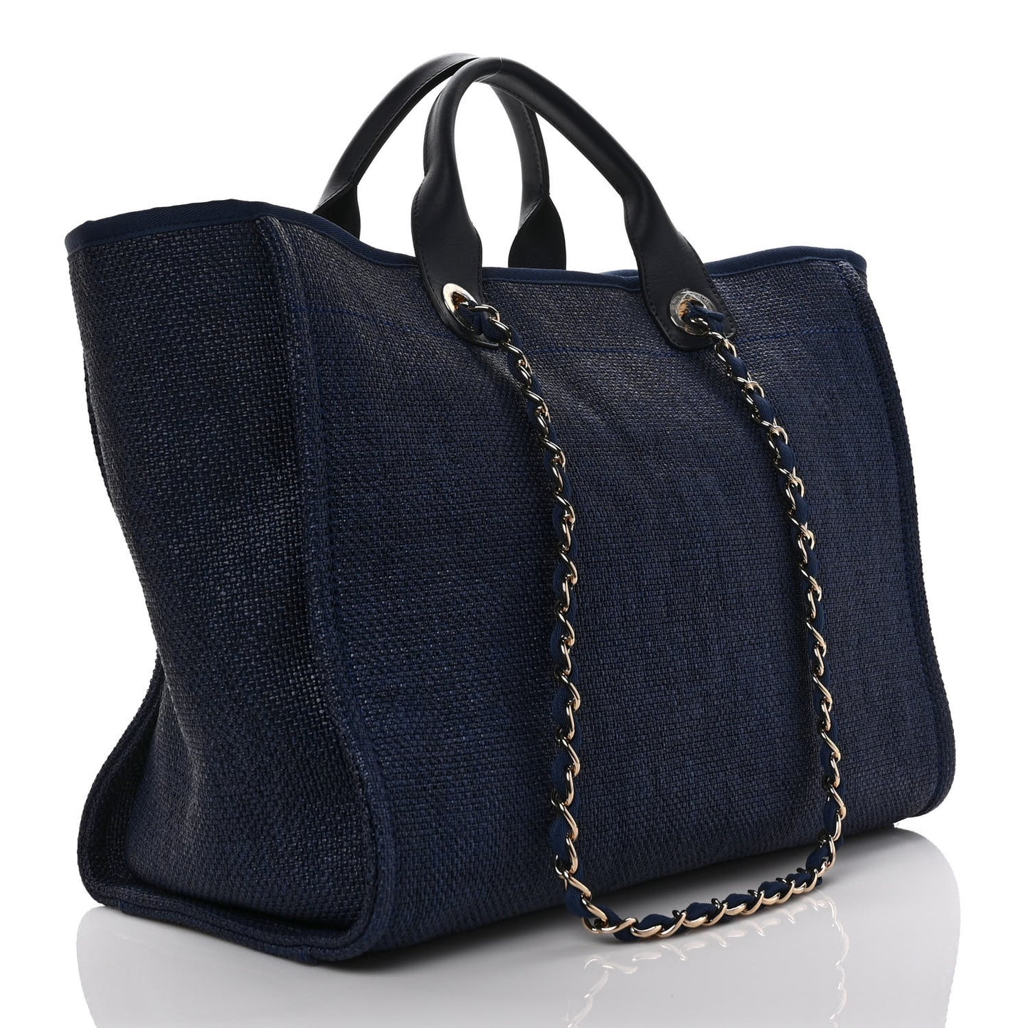 Woven Straw Raffia Medium Deauville Tote Navy
