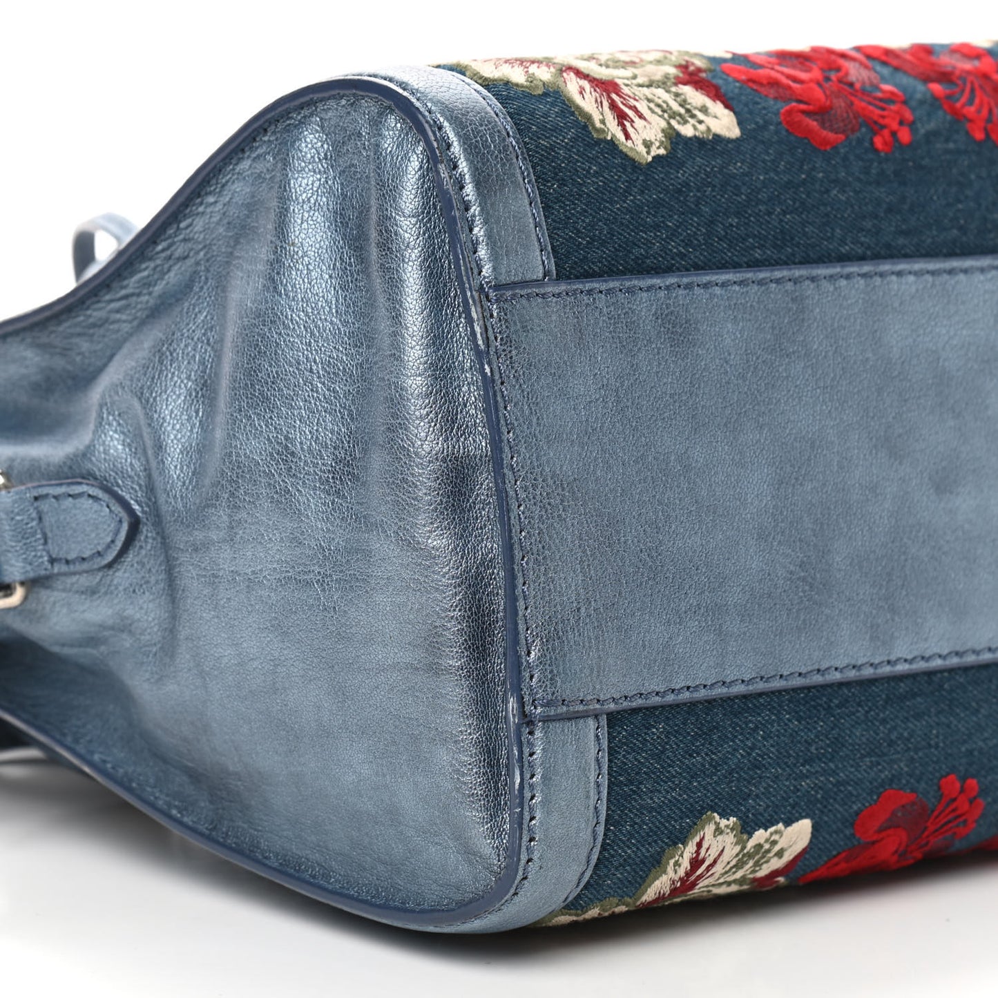 Denim Floral Embroidered Small Skull Padlock Zip Around Tote Blue Multicolor
