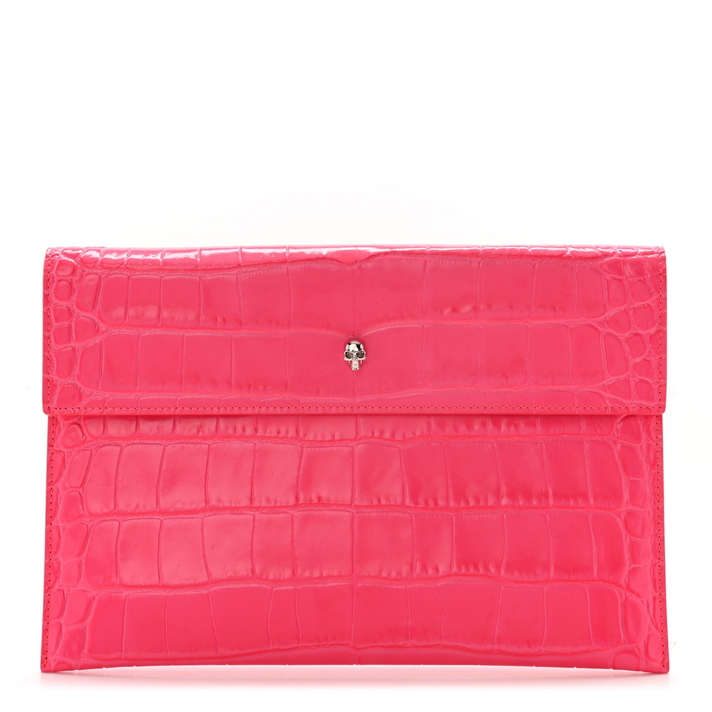 Calfskin Crocodile Embossed Skull Envelope Clutch Pink