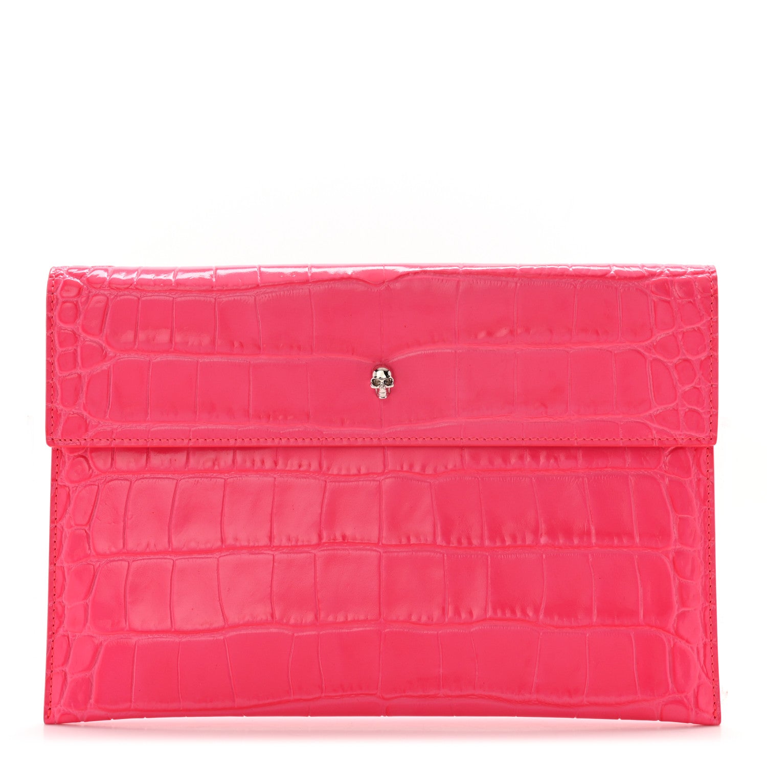 Alexander McQueen Calfskin Crocodile Embossed Skull Envelope Clutch Pink 1 of 11