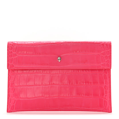 Alexander McQueen Calfskin Crocodile Embossed Skull Envelope Clutch Pink 1 of 11