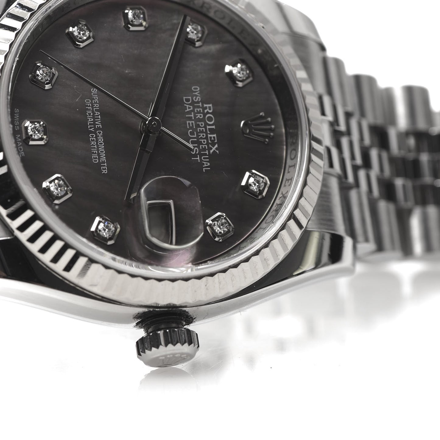 Stainless Steel 18K White Gold Diamond Black Mother of Pearl 36mm Oyster Perpetual Datejust Watch 116234